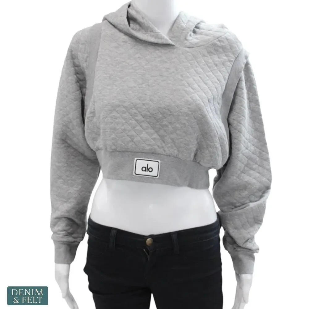 Alo Yoga Quilted Cropped‎ Arena Hoodie Gray Diamond Knit Pullover Gym Sweatshirt